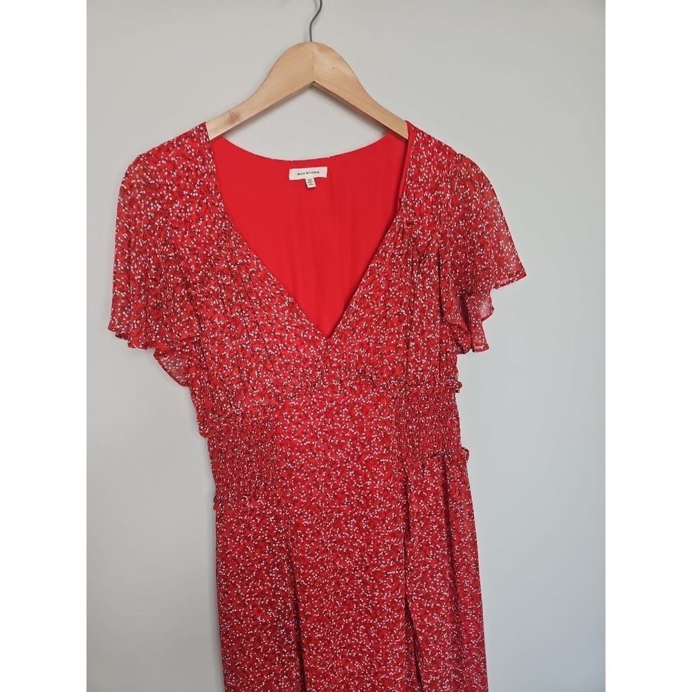 Max Studio Dress M Red Floral Smocked Tiered Boho Prairie Midi CottageCore Fairy - Picture 4 of 15
